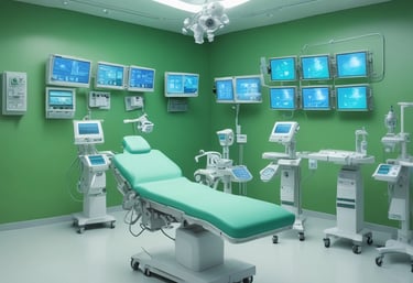 Medical equipment is neatly mounted on a white wall, including an otoscope, an ophthalmoscope, a sphygmomanometer, and a thermometer. The layout suggests a clinical setting likely intended for patient examination.