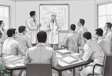 Two women are engaged in conversation in a medical setting, one wearing a white coat, suggesting she is a healthcare professional. The environment contains medical equipment, possibly indicating a check-up or consultation is taking place.