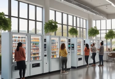 A brightly lit aisle lined with numerous vending machines on both sides, displaying various colorful items inside them. The machines have a modern, clean design, and the floor is carpeted. The ceiling has several spotlights and decorations with vibrant patterns are hanging overhead.