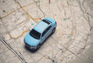 A circular car infotainment display features a GPS navigation interface showing a detailed map with various geographic features. The interface includes navigation icons and options beneath the display, and the outer rim is illuminated with a blue LED light.