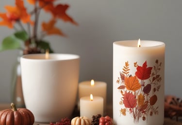 A collection of decorative candles is arranged on a woven mat. The candles are shaped like macarons, bubbles, and a cake topped with fruit. They come in soft pastel colors including pink, blue, and cream. The setting gives a cozy and artisanal feel, with a focus on aesthetically pleasing design.