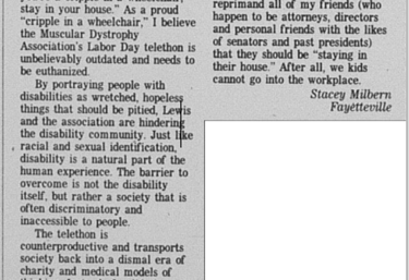 Photocopy of a letter to the editor written by Stacey which is titled "Association's telethon is counterproductive"