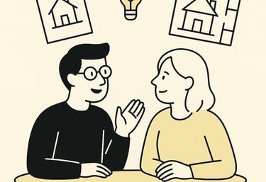 Dos personas conversando sobre el diseño de una casa. Arquitectura con sentido.