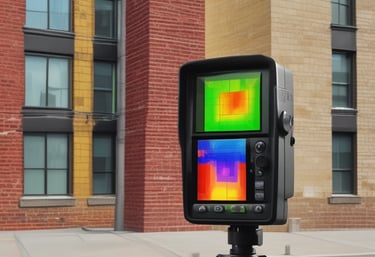 Close-up of a professional using thermal imaging camera during building inspection.