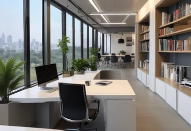 A modern coworking space with several long tables and wooden chairs arranged neatly. The wall features colorful artwork and infographics discussing coworking benefits. Bright colored geometric patterns and text bubbles with statistics are part of the design. White air conditioning units are mounted on the wall, and the room is well-lit with recessed ceiling lights.