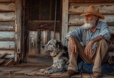 Australian farmhand Wallace with his blue heeler sitting on the homestead verandah