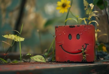 A small red brick in a garden with a happy, smiley face
