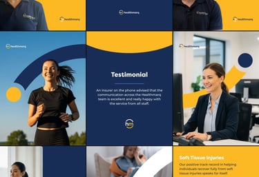 Healthmarq clinical review and physical rehabilitation testimonials collage featuring healthcare professionals and patients.