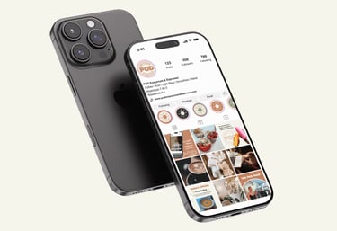 Two black iPhone 14 Pro smartphones displaying an Instagram profile for POD emporium and espresso.