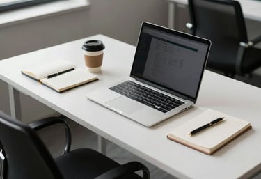 A minimalist, organized workspace in a modern US office. A clean white desk with a high-end laptop, coffee, and a notebook, suggesting results-oriented productivity.