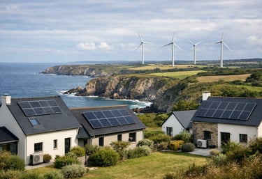 Paysage côtier breton maisons modernes équipée panneaux solaires falaises rocheuses campagne bzh