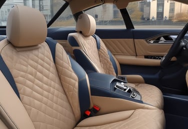 A sleek, modern car interior featuring a black leather seat with visible stitching. The minimalist design includes a smooth black seatback and headrest. Overhead, ambient lighting is installed in the ceiling, providing a subtle, elegant illumination. The background is slightly out of focus, suggesting a compact and cozy space.