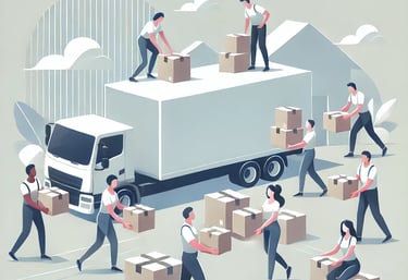 a group of people moving boxes and moving boxes