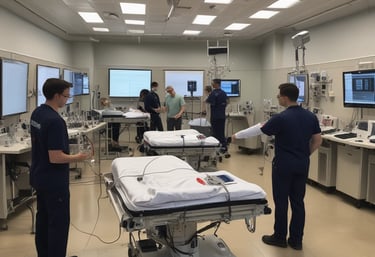 Several people in military uniforms are gathered closely together, possibly in a medical or field training environment. They appear to be engaged in a focused task, with one person writing and others observing or participating. A person’s feet can be seen in the foreground, suggesting medical attention.