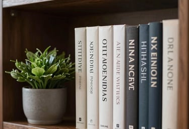 An organized shelf with professional books and a small green plant in a grey ceramic pot, illustrating order and attention to detail.