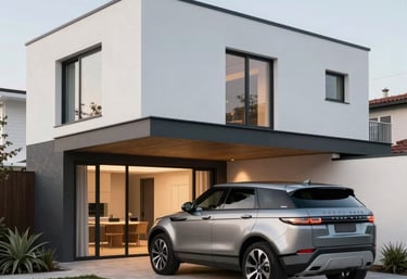 Modern home interior design with warm lighting and natural materials.