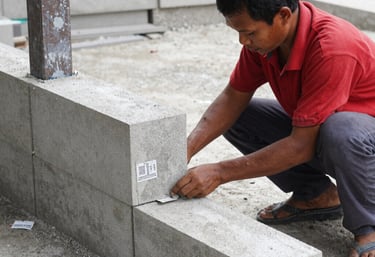A skilled craftsman carefully working on a wooden frame in a modern home construction site.