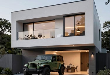 Modern home interior design with warm lighting and cozy furniture.