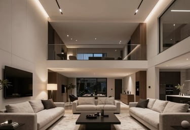A warm and inviting modern living room interior showcasing natural wood and soft lighting.