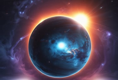 A vast and dark space scene peppered with numerous small celestial objects resembling stars and planets. A large, bright nebula dominates the upper part of the image, casting a diffuse glow against the black backdrop. In the lower right corner, a prominent planet is partially visible, appearing spherical and shaded in gray.