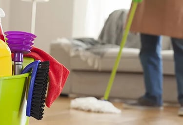 a bucket of cleaning supplies in a living room