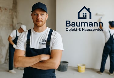 Hausmeister von Baumann Objekt- & Hausservice steht mit Arbeitskleidung vor frisch renovierter Wand