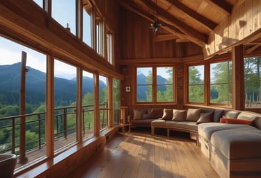 A cozy, sunlit living room with large windows overlooking a scenic landscape.