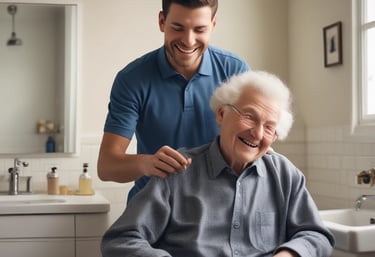 a young man brushing an elderly person hair