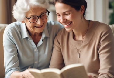 A warm and inviting scene of a caregiver and senior enjoying time together.