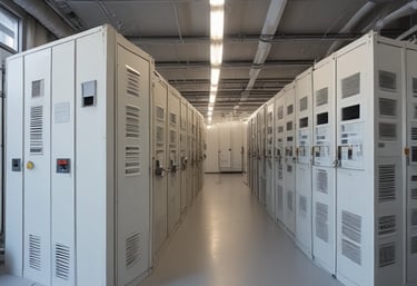 Aerial view of an industrial electrical substation with a complex grid of wires and equipment arranged in neat rows. The ground surface is a sandy beige, contrasting with the silver and dark metal structures. Lush greenery borders the facility at the top edge.