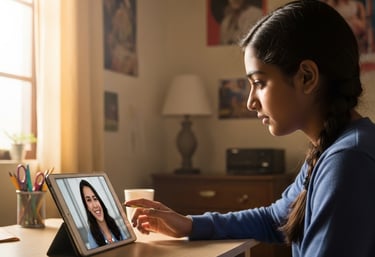 a teen sitting at a desk with a laptop computer doing online therapy