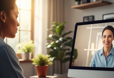 a woman in a blue shirt is on a computer screen doing online therapy