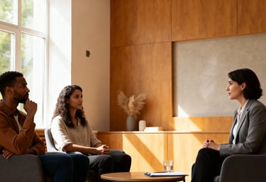 a couple doing pre marital counselling in a therapists office with a therapist