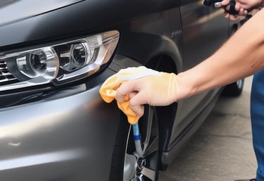A professional auto detailing service in action, cleaning a car.
