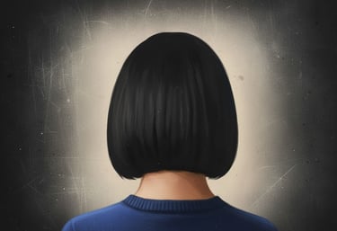 the back of a woman's head. She has dark bob hair cut, and is wearing a royal blue jumper.