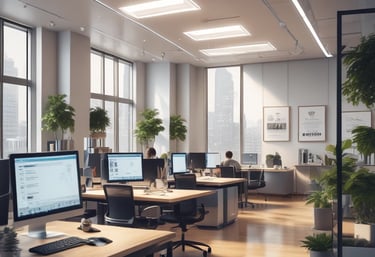 A dimly lit room features a prominent illuminated sign displaying the words 'Sysco LABS.' Below the sign are office desks with various electronic devices, including laptops and cables. The lighting creates a cool and professional atmosphere.