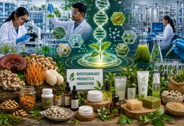 Scientists in a laboratory developing biotechnology products and natural skincare innovations using plant science.