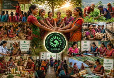 Indian women in Bhopal participating in community empowerment programs including education, farming, and textile work.