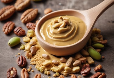 Close-up of creamy nut butter spread on rustic bread with nuts scattered around.