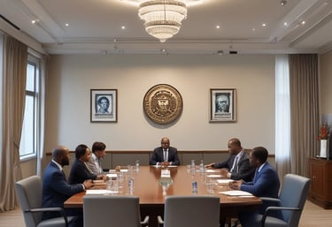 A professional meeting between UK and West African business leaders discussing trade corridor opportunities.