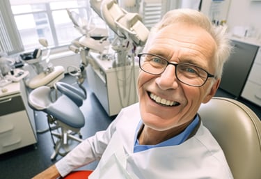 Hombre mayor sentado en sillón dental