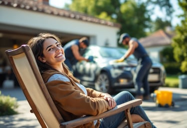 A woman relaxing while getting her car detailed 