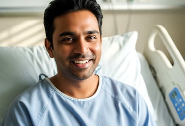 A man in a hospital bed wearing a blue gown.