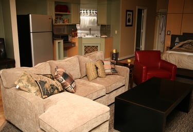 Couch and fridge in a suite