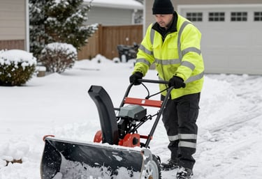 A yellow crane vehicle is positioned next to a building, extending its arm to a worker in a basket who is clearing snow from the roof. The building appears old, with worn walls, and there are leafless trees in the background. The ground and rooftops are covered with snow, indicating a winter setting.