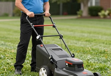 A red snow groomer with a large plow blade attached at the front is parked on a grassy area near a building complex. Several trees are present in the background, casting shadows on the ground. The building in the background appears to be multi-storied with multiple windows.