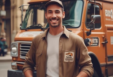 A window display featuring the words 'Free Delivery' painted in bold, red and yellow script. The background is brown with some decorative black designs on the sides. There is a red frame around the window and cardboard packaging material at the bottom.