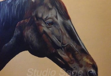 Details of a painting of a brown horse’s head seen from the side on beige background