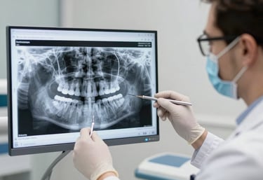 Several hands hold dental care items including a clear dental aligner, a whitening product in a small bottle, and a storage case labeled 'Candid'. The background is a solid light blue, providing a clean and minimalistic appearance.