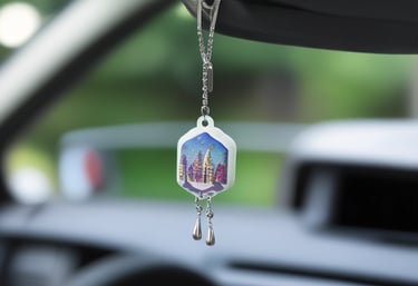 The interior of a car is visible through the windshield, featuring a wooden steering wheel and a diamond-patterned seat cover. A decorative air freshener with Japanese characters and an illustration is hanging from the rearview mirror. A striped bag is resting on the passenger seat. The reflection of people and a nearby outdoor environment can also be seen through the glass.
